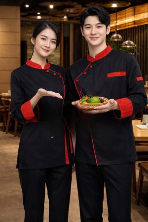 ÁO BẾP ĐEN- BO ĐỎ CÁCH ĐIỆU